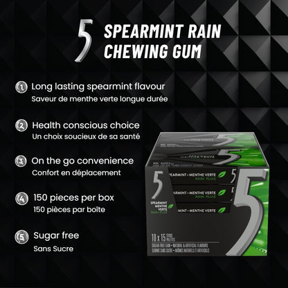 5 GUM, Spearmint-Rain Flavoured Sugar Free Chewing Gum, 15 Sticks, 10 Packs - Available at All In One Marketplace Canada