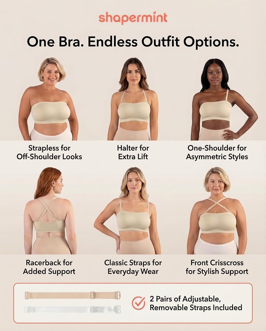 SHAPERMINT Convertible Strapless Bras for Women - Compression Wireless Bandeau Bra Top Beige