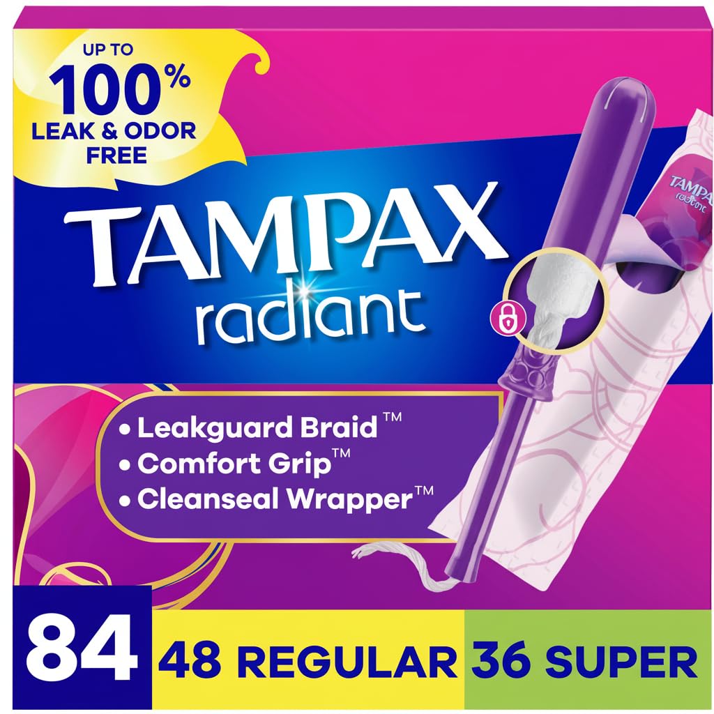 Tampax Radiant Tampons Multipack, with LeakGuard Braid, Regular/Super Absorbency, Unscented, 84 Count 🍁 All In One Marketplace Canada