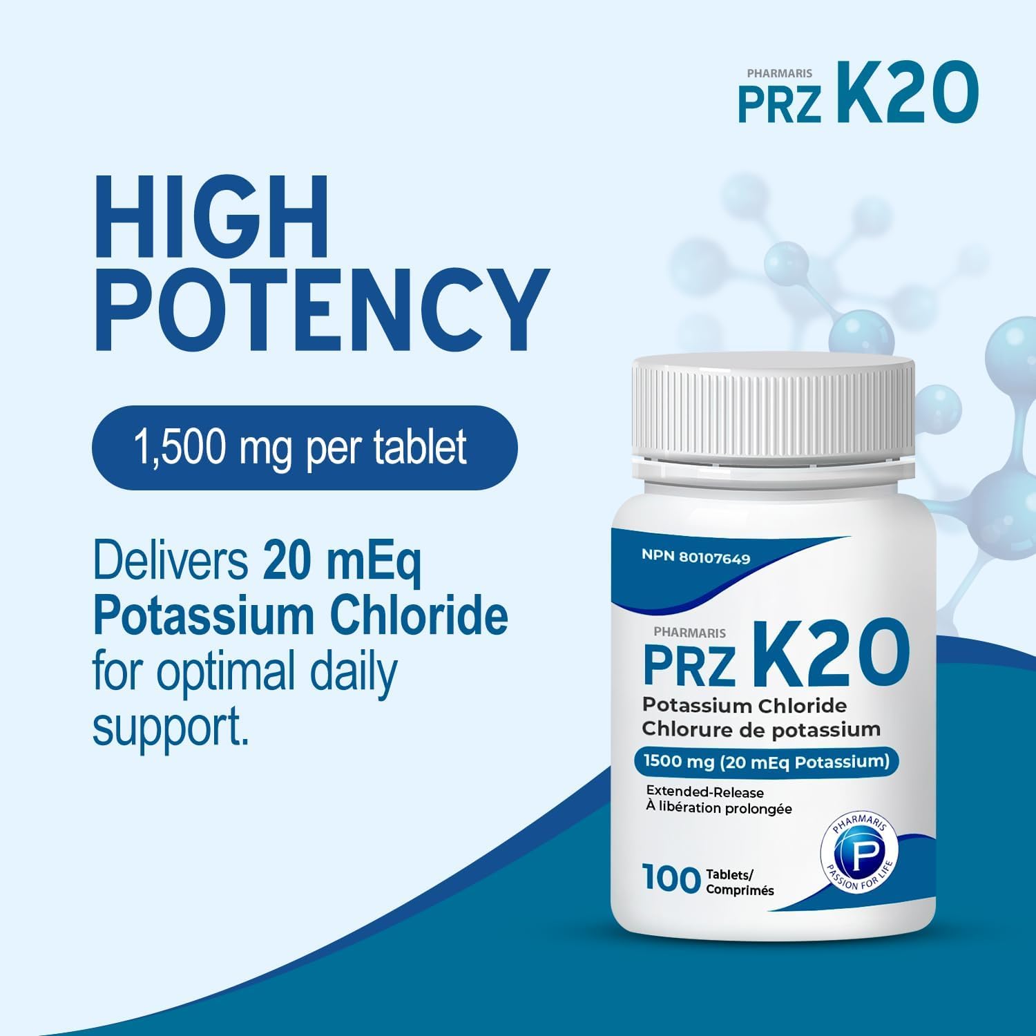 Pharmaris K-20 Potassium Chloride 1500mg Extended Release Tablets, Provides 20 mEq Potassium, Electrolyte Replenisher for Hypokalemia Treatment, Daily Use Supplement, 100 Tablets - Available at All In One Marketplace Canada