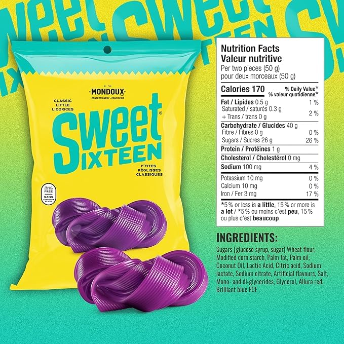Sweet Sixteen Grape Licorice Ribbon Candy - Purple Chewy Rolls - Nut-Free - 8 Pack Bundle (125g Each)