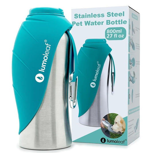 LumoLeaf Portable Dog Water Bottle 800 ml, Stainless Steel Pet Travel Water Bottle Dispenser for Walking, Hiking and Outdoor, Portable Water Bowl for Large Dogs (Blue)