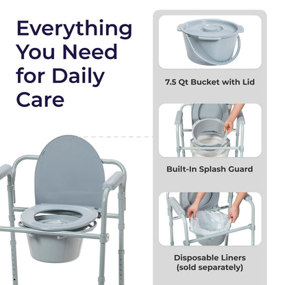 Drive Medical 11148-1 Folding Steel Bedside Commode Chair, Portable Toilet, Supports Bariatric Individuals up to 350 lbs, with 7.5 qt Bucket and 13.5 inch Seat, Grey