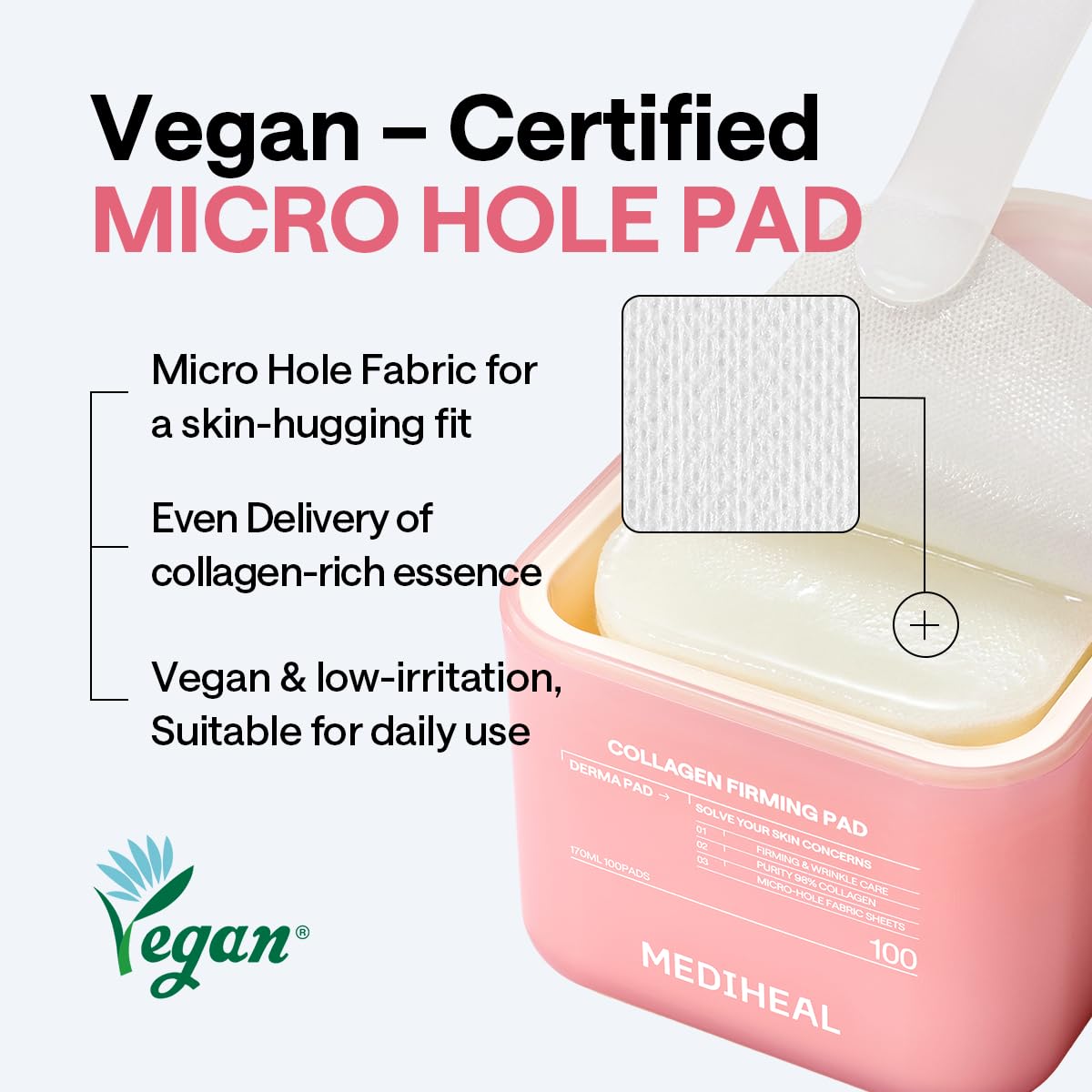MEDIHEAL Collagen Firming Toner Pad – Korean Skincare, 98% Vegan Collagen with Retinol & 7 Peptides, Firming, Plumping & Wrinkle Care, Micro-Hole Fabric, 100 Pads