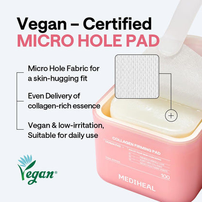 MEDIHEAL Collagen Firming Toner Pad – Korean Skincare, 98% Vegan Collagen with Retinol & 7 Peptides, Firming, Plumping & Wrinkle Care, Micro-Hole Fabric, 100 Pads