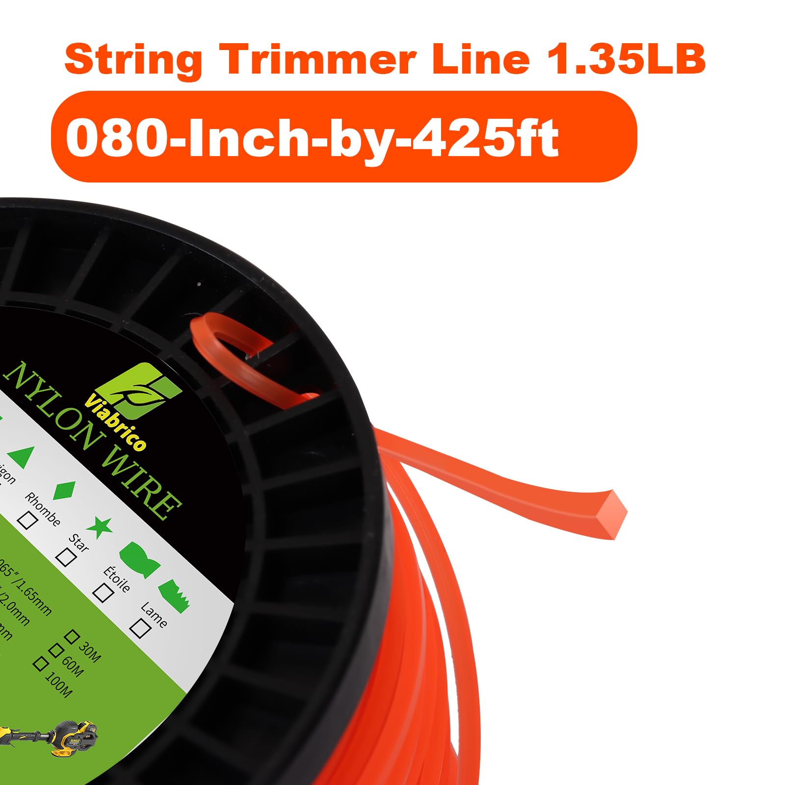 VIABRICO 0.080 Inch Trimmer Line, 0.080" Weed Wacker Eater String, Commercial Grade Square Nylon String Trimmer Line Replacement for String Trimmer Weed Trimmer .080"-425ft-1.35lb-Spool