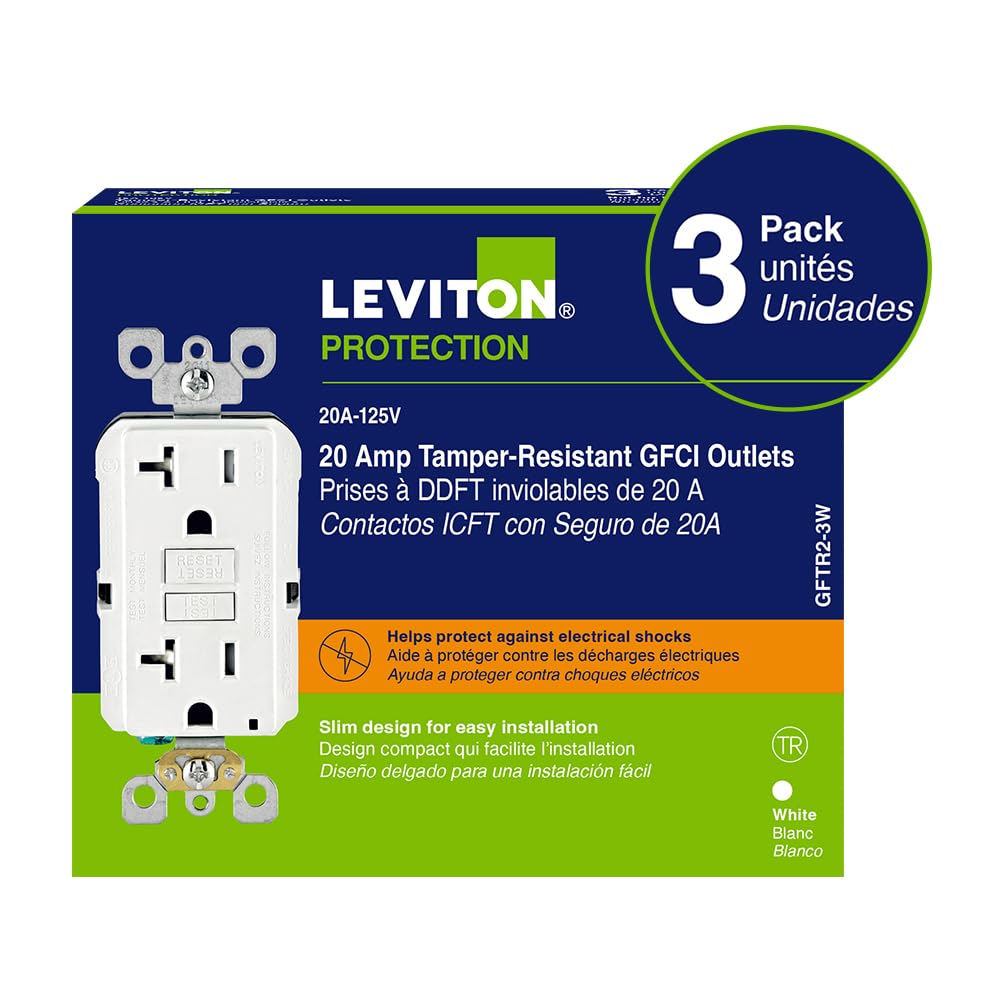 Leviton 3-Pack GFCI, 20 Amp Tamper-Resistant Receptacle with Led Indicator, Self-Test, SmartlockPro Slim, GFTR2-03W, White
