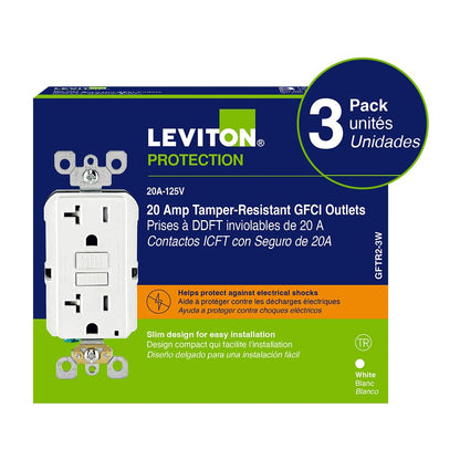 Leviton 3-Pack GFCI, 20 Amp Tamper-Resistant Receptacle with Led Indicator, Self-Test, SmartlockPro Slim, GFTR2-03W, White