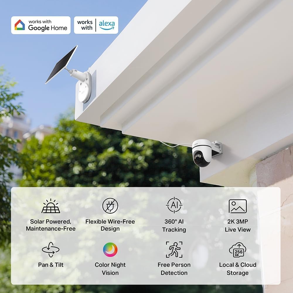 Tapo Solar-Powered Pan/Tilt Outdoor Security Camera Kit, Wireless, 2K 3MP, 360° AI Tracking, No Monthly Fee, Person Detection, Color Night Vision, SD/Cloud Storage 512GB, Works w/Alexa & Google Home