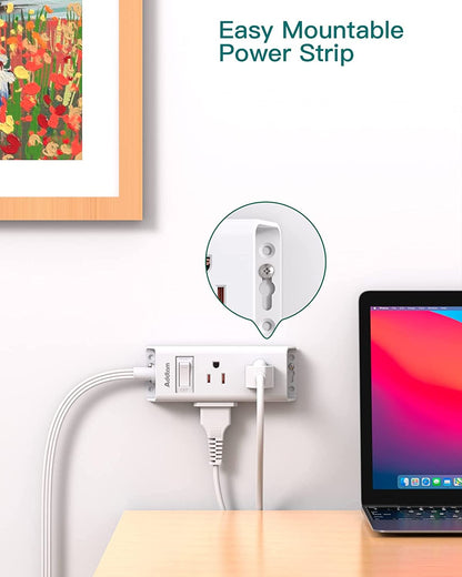 Travel Essentials - Flat Plug Power Bar, Addtam 5 ft Ultra Flat Extension Cord with 6 Outlets Extender, Multi Plug Outlet with No Surge Protector for Cruise Ship, Dorm Room, Home and Office Essentials