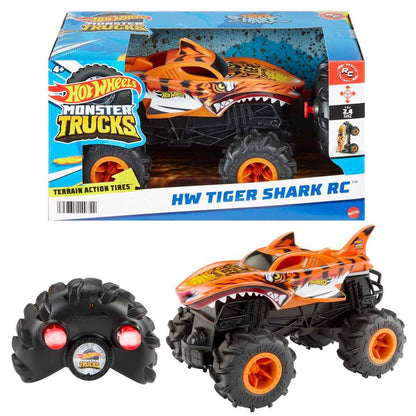 Hot Wheels Monster Trucks RC 1:24 Scale Tiger Shark Vehicle, Oversized Remote-Control Toy Truck with Terrain Action Tires