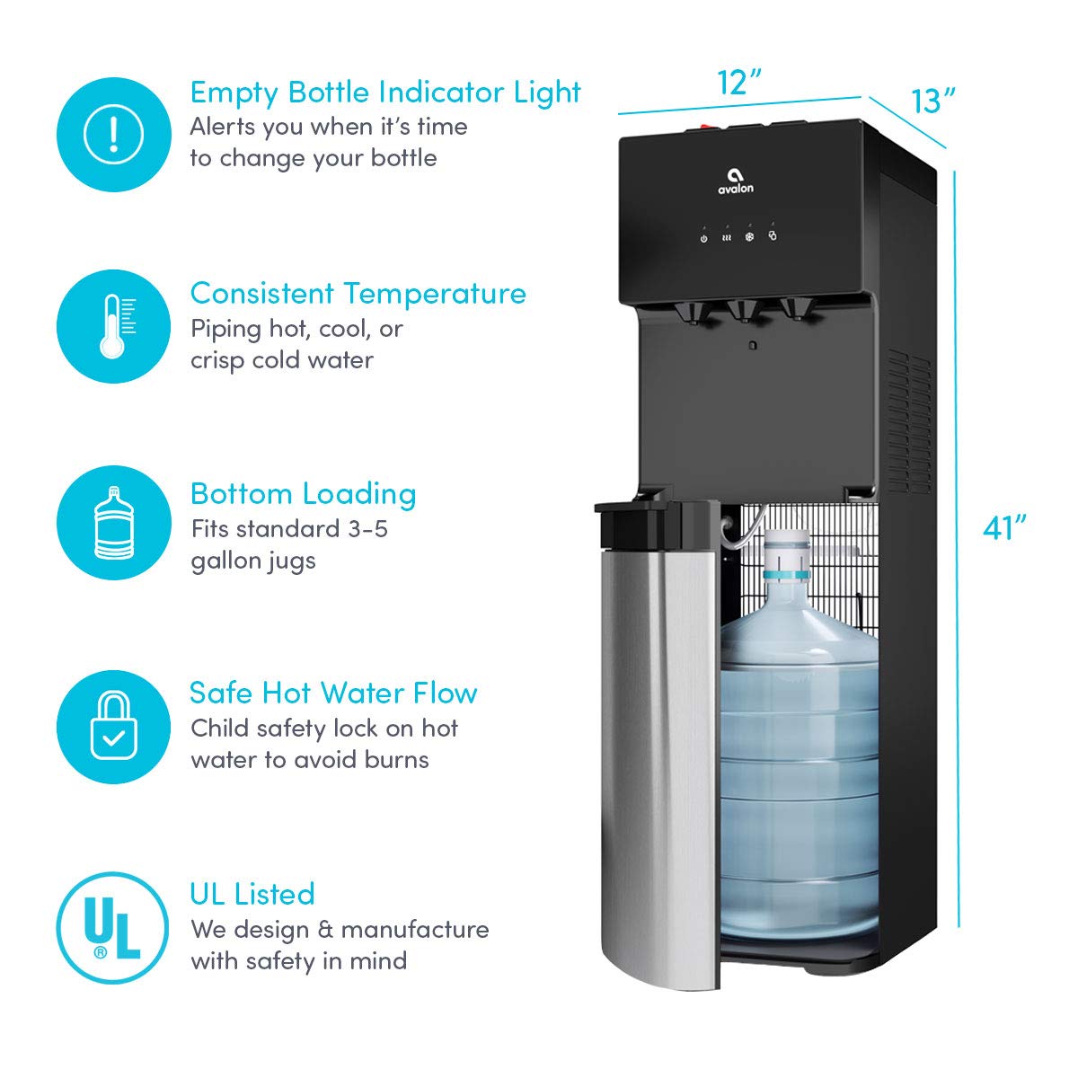 Avalon Bottom Loading Water Cooler Water Dispenser, 3 Temperature, UL/Energy Star Approved, Black & Stainless Steel