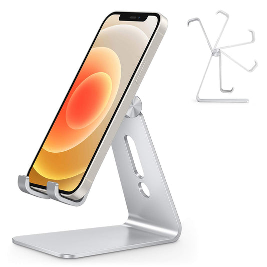 Adjustable Cell Phone Stand, OMOTON C2 Aluminum Desktop Phone Holder Dock Compatible with iPhone 17/16/15/14 Pro Max/Pro/Air and Other Smart Phones, Silver