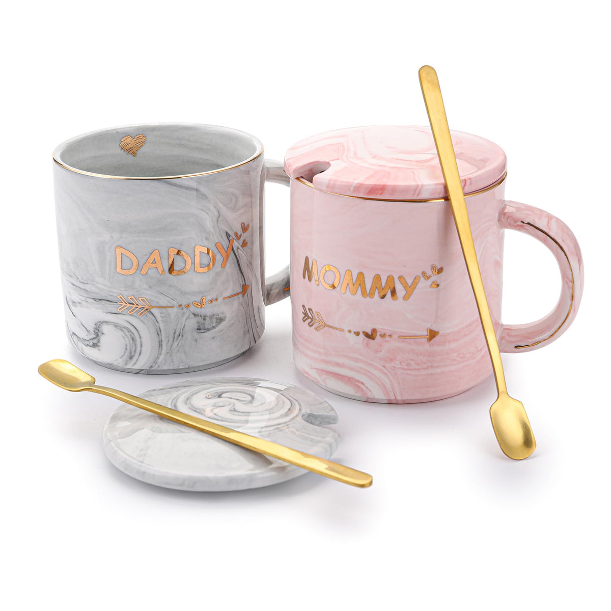 WUWEOT 2 Pack Dad and Mom Coffee Mug Set for Parents to be, New Mom and First Time Pregnancy Gifts for Christmas, Marble Ceramic Coffee Cup Set with Gift Box, Lid, Spoon (10OZ) 🍁 All In One Marketplace Canada