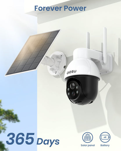 AOSU Solar Security Camera Wireless Outdoor with Panoramic PTZ, Human Auto Tracking, 2K Night Vision, Light and Sound Alarm, 2-Way Talk, Compatible with Alexa/Google Assistant for Home Surveillance - Available at All In One Marketplace Canada