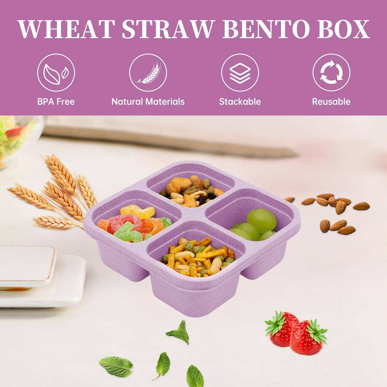 Luriseminger 5 Pack Bento Lunch Box,4 Compartment Snack Containers,Divided Snack Box,Meal Prep Lunch Containers FOR Kids/Toddle/Adults,Food Storage Containers for School, Work and Travel - Available at All In One Marketplace Canada