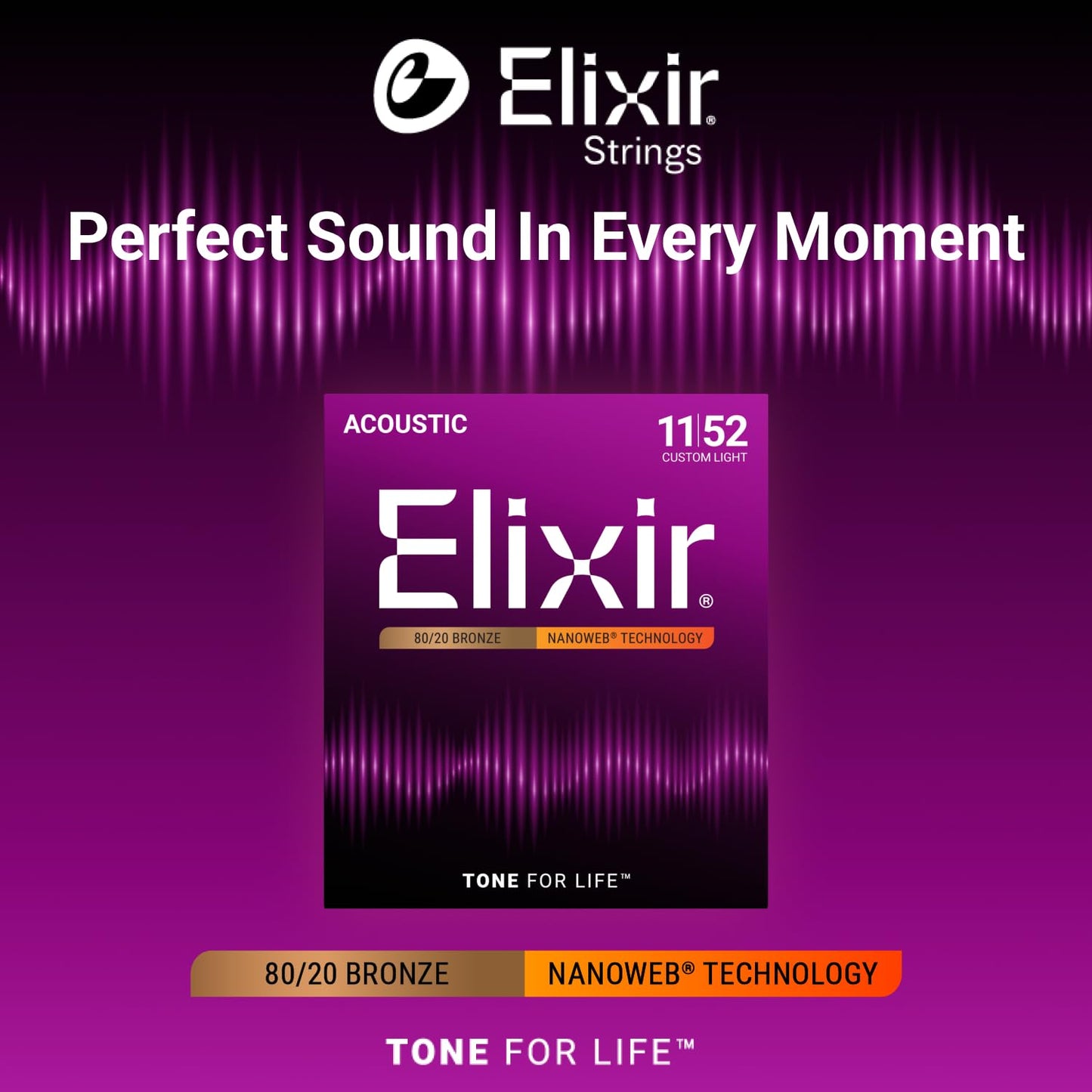 Elixir 80/20 Bronze Acoustic Guitar Strings with Nanoweb Coating - Custom Light 11-52