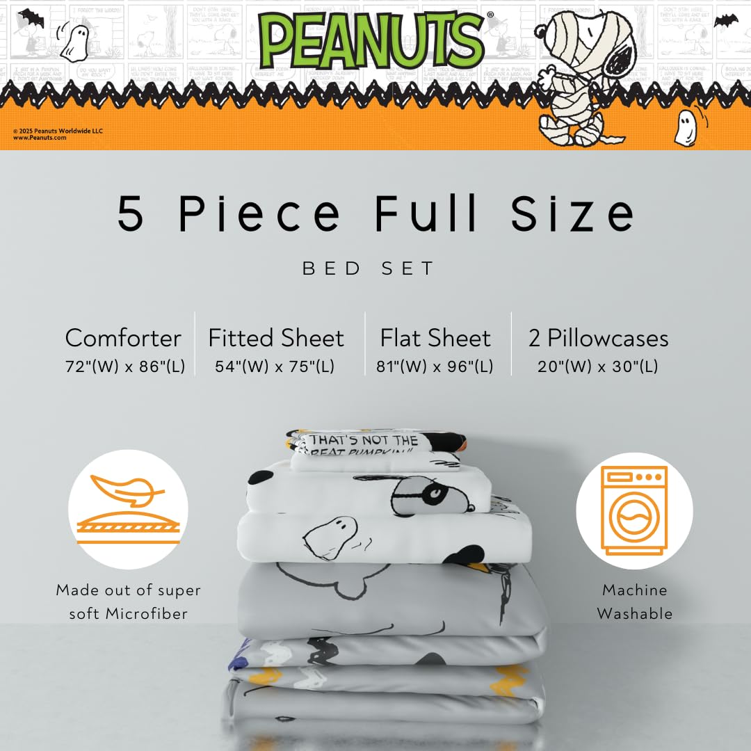 Parure de lit deux places Peanuts Halloween – Ensemble 5 pièces réversible, ultra doux et confortable, avec couette et draps à l'effigie de Snoopy et Charlie Brown (produit officiel Peanuts) par Franco