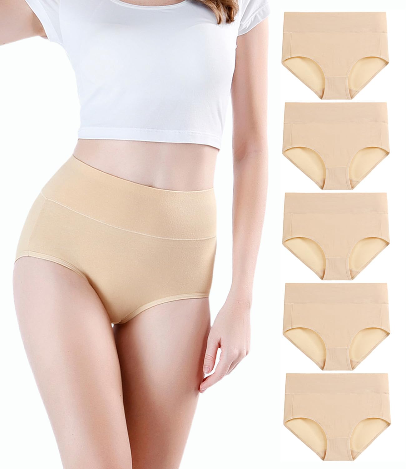 Culotte taille haute en coton pour femme Wirarpa, sous-vêtements confortables, lot de 5, couleur beige, taille médium