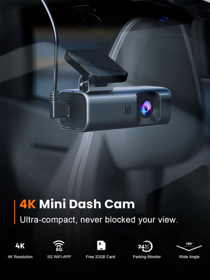 galphi 4K Dash Cam Front, Built-in 5G WiFi, 32GB Card Included, Dash Camera for Cars, Mini Dashcam for Cars with Loop Recording, G-Sensor, 24 Hours Parking Monitor, APP, Support 256GB Max
