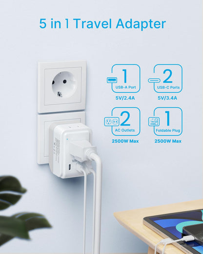 1 Pack European Travel Plug Adapter, VINTAR Foldable International Power Plug with 2 AC Outlets 3 USB Ports(2 USB C), Type C Travel Essentials Charger for Canada to Most of Europe Italy Spain France - Available at All In One Marketplace Canada
