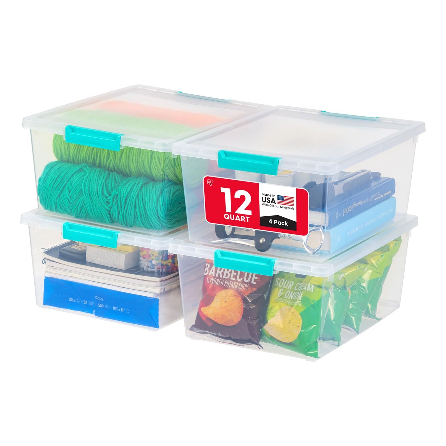 IRIS USA 11.4 L (12 US Qt) Large Deep Clip Box, 4 Pack, Clear Plastic Storage Container Bins with Latching Lids, Organizer for Home, Office and Classroom, Stackable Nestable, Seafoam Blue Buckles IRIS USA