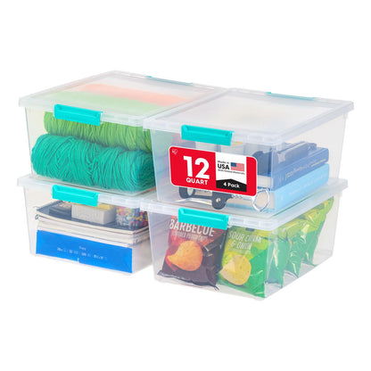 IRIS USA 11.4 L (12 US Qt) Large Deep Clip Box, 4 Pack, Clear Plastic Storage Container Bins with Latching Lids, Organizer for Home, Office and Classroom, Stackable Nestable, Seafoam Blue Buckles IRIS USA