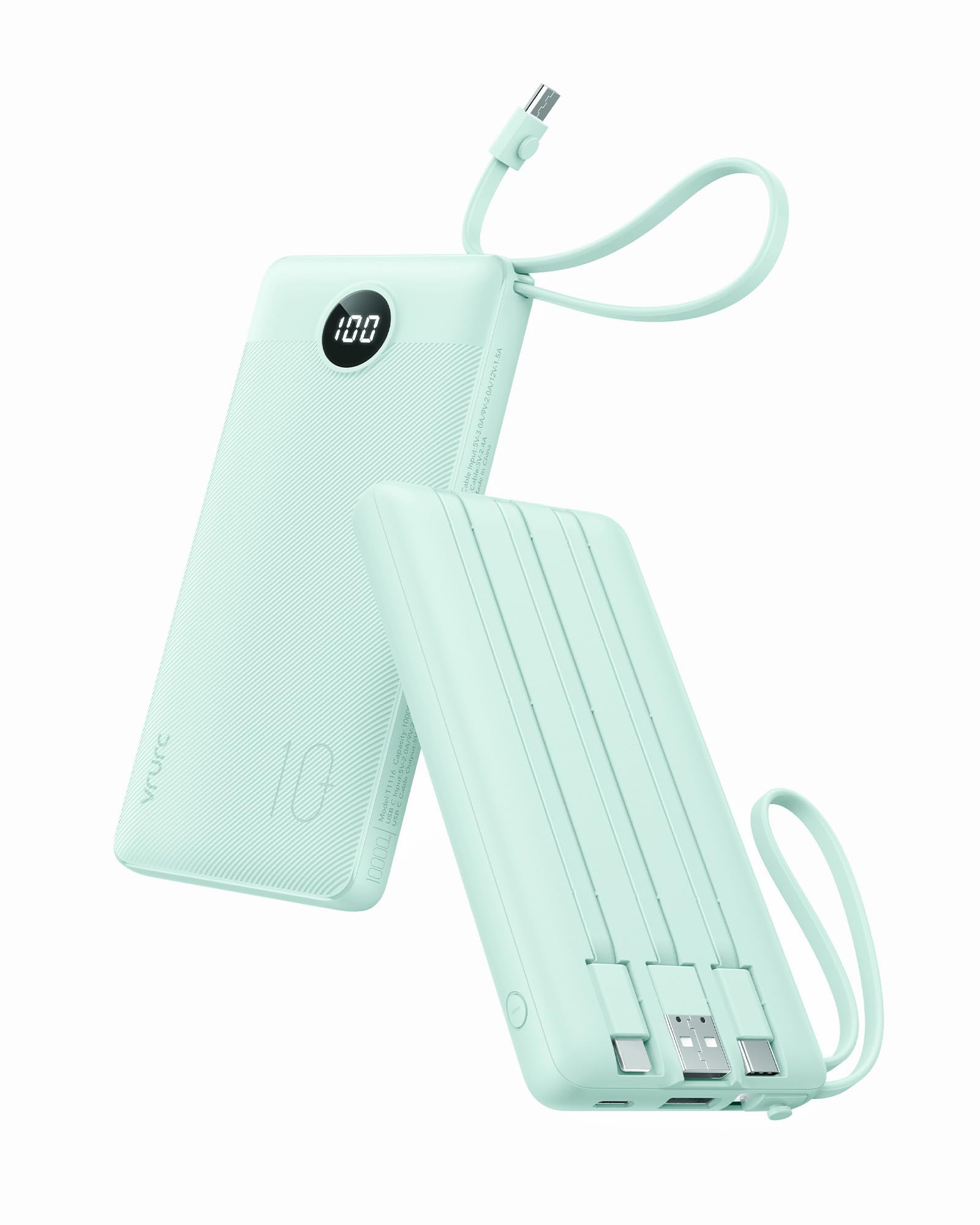 VRURC Portable Charger with Built-in Cables, 10000mAh Power Bank