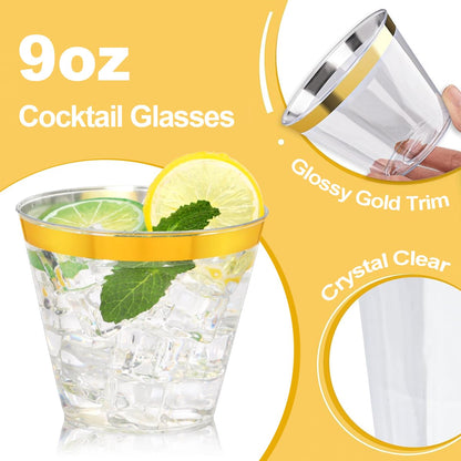 100 Pcs Gold Plastic Cups,9Oz Gold Rimmed Plastic Cups,Heavy Duty Gold Rim Clear Disposable Plasitc Cocktail Tumblers Wine Cup for Party,Wedding,Birthday,Christmas 🍁 All In One Marketplace Canada