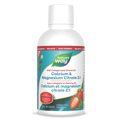 Nature's Way Calcium and Magnesium Citrate Supplement, 2:1 Ratio – Helps Support Bone & Teeth Health – Contains Vitamins D3 and K2, and Collagen to Support Immune System – Strawberry Flavour, 500 ml