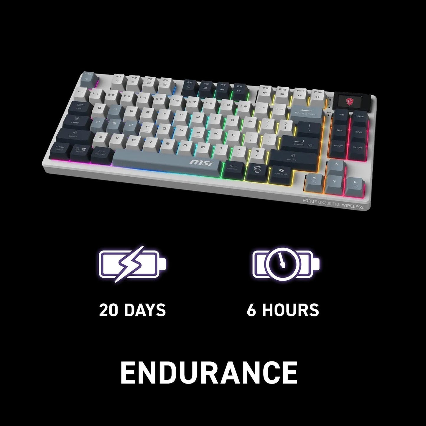 MSI Forge GK600 TKL W Sky US 2.4GHz Wireless (MS-8ZA9 and WD02), Bluetooth RGB Lighting Gaming Keyboard with 1.06-inch Display, 4000mAh MSI