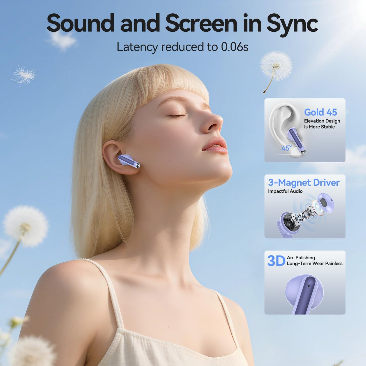 Wireless Earbuds, Bluetooth 5.4 in-Ear Headphones Wireless Bluetooth with ENC 4 Mics, Bluetooth Earbuds 50 Hour Noise-Cancelling Ear Buds with LED Indicator, IPX7 Waterproof for Sports/Work Purple