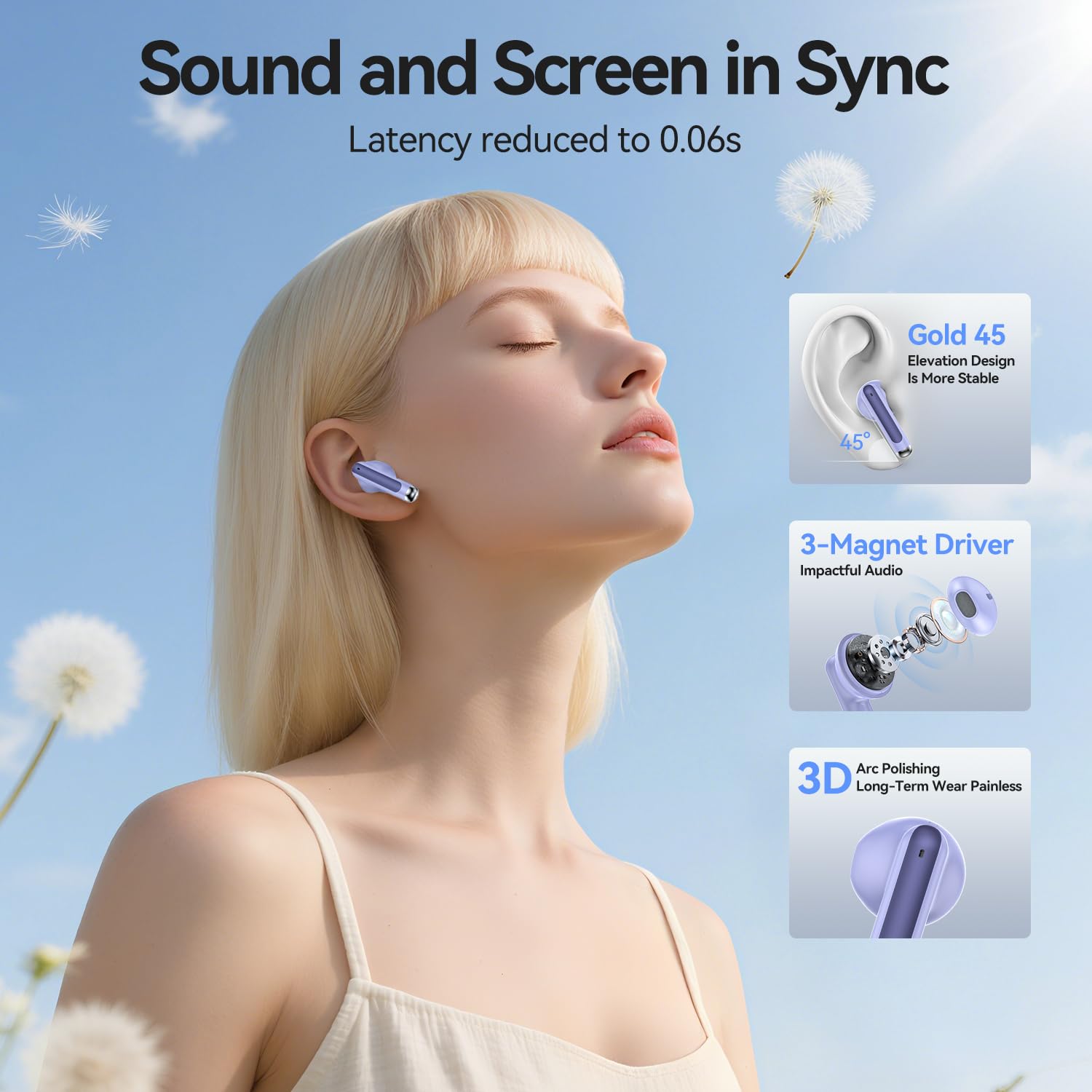 Wireless Earbuds, Bluetooth 5.4 in-Ear Headphones Wireless Bluetooth with ENC 4 Mics, Bluetooth Earbuds 50 Hour Noise-Cancelling Ear Buds with LED Indicator, IPX7 Waterproof for Sports/Work Purple