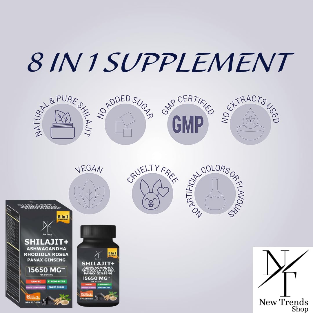 8-in-1 Shilajit Himalayan Organic Supplement with Shilajit 9000, Ashwagandha 2000MG, Rhodiola Rosea 1000MG, Panax Ginseng 1500MG, Cordyceps Mushroom 500MG, Gingko Biloba 500MG, Stinging Nettle 250MG, Turmeric (15,250 MG - 90 Caps) - Available at All In One Marketplace Canada