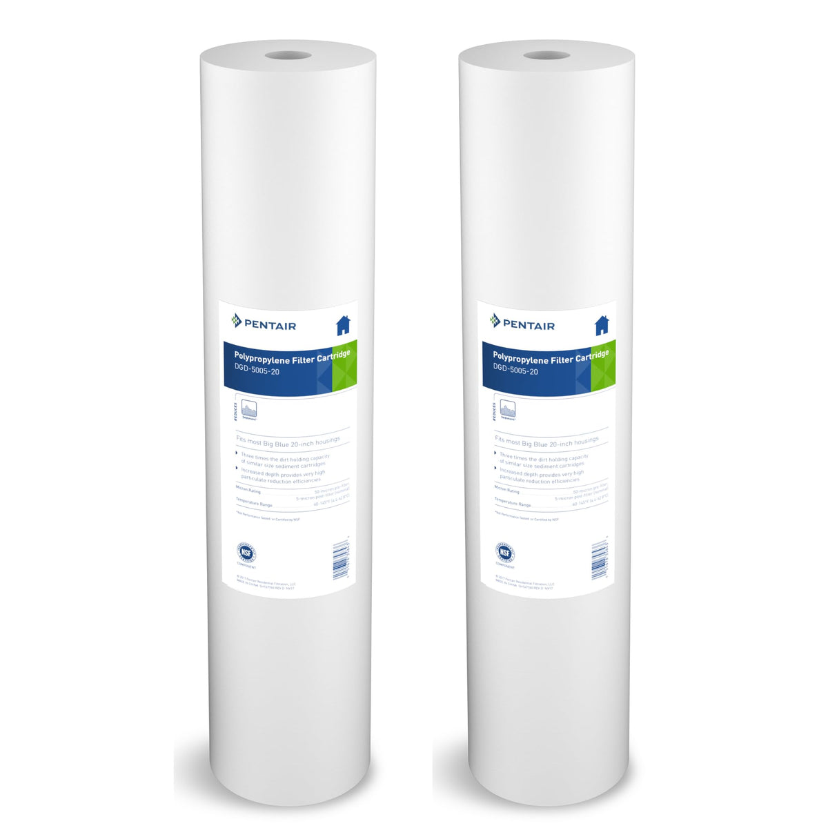 Pentair Pentek DGD-5005-20 Big Blue Water Filter, 20-Inch Whole House Sediment Filter Cartridge Replacement, Dual-Gradient Density Spun Polypropylene, 20" x 4.5", 5 Micron, (Pack of 2), White