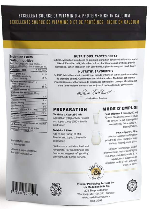 Medallion Brand Whole Milk Powder 500g - Dried Milk from Canada, Free of Antibiotics, No rbST or rBGH
