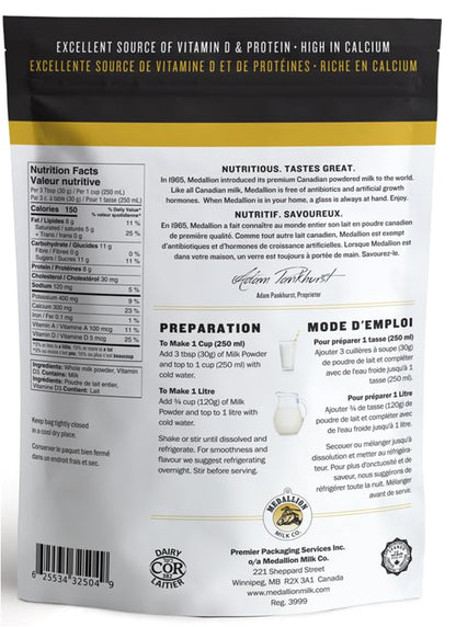 Medallion Brand Whole Milk Powder 500g - Dried Milk from Canada, Free of Antibiotics, No rbST or rBGH