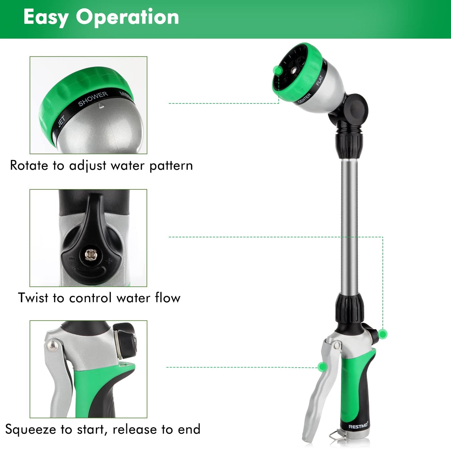RESTMO Metal Watering Wand, Heavy Duty Garden Hose Wand with 180° Swivel Ratcheting Head, 16-Inch Hose Nozzle Sprayer with 7 Spray Patterns and Flow Control, Ideal to Water Hanging Baskets and Shrubs - Available at All In One Marketplace Canada
