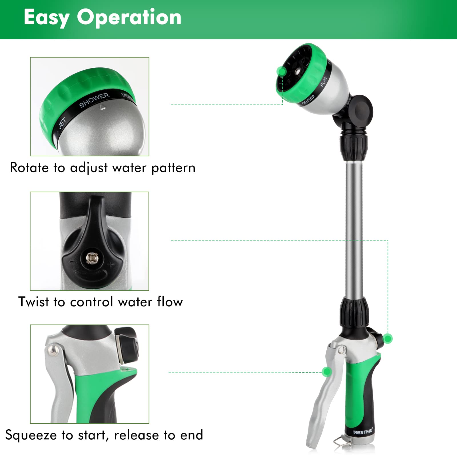 RESTMO Metal Watering Wand, Heavy Duty Garden Hose Wand with 180° Swivel Ratcheting Head, 16-Inch Hose Nozzle Sprayer with 7 Spray Patterns and Flow Control, Ideal to Water Hanging Baskets and Shrubs - Available at All In One Marketplace Canada