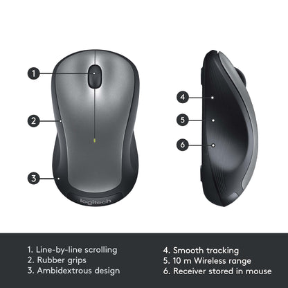 Logitech M310 Wireless Mouse, 2.4 GHz with USB Nano Receiver, 1000 DPI Optical Tracking, 18 Month Battery, Ambidextrous, Compatible with PC, Mac, Laptop, Chromebook - Silver