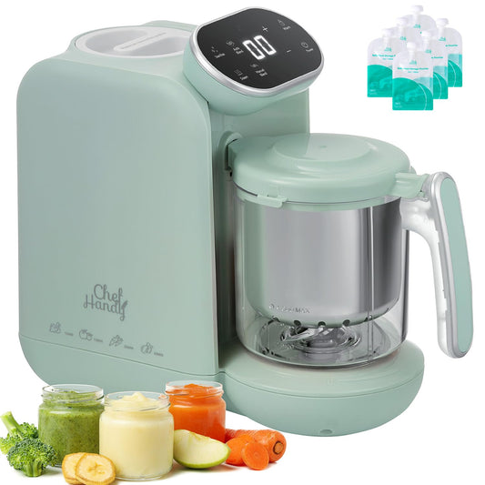Chefhandy Baby Food Maker with Stainless Steel Steam Basket, 5-in-1 Baby Food Processor, Steamer & Blender, Auto Cooking, Pureeing, Reheating & Steam Cleaning, BPA-Free, 6 Reusable Pouches, Green