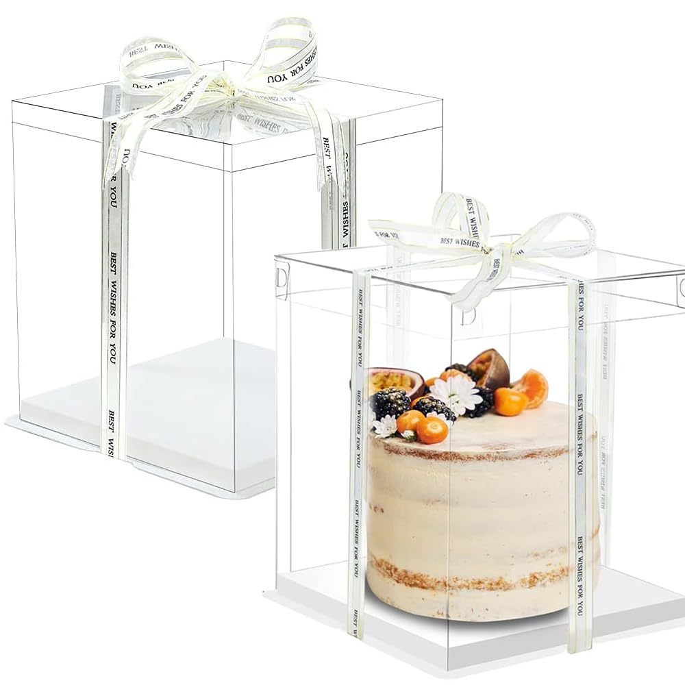 2 Pack 12x12x14 Inch Clear Tall Cake Box with Lid & Ribbon - Transparent Wedding Birthday Party Cake Container for Large Tiered Layer Cakes - Durable Gift Packaging Box 🍁 All In One Marketplace Canada