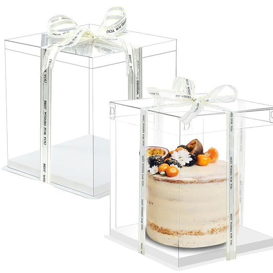 2 Pack 12x12x14 Inch Clear Tall Cake Box with Lid & Ribbon - Transparent Wedding Birthday Party Cake Container for Large Tiered Layer Cakes - Durable Gift Packaging Box 🍁 All In One Marketplace Canada