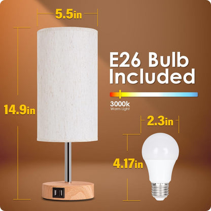 Yarra-Decor Bedside Table Lamp with USB Port - Touch Control for Bedroom Wood 3 Way Dimmable Nightstand Lamp with Round Flaxen Fabric Shade for Living Room, Dorm, Home Office (LED Bulb Included) - Available at All In One Marketplace Canada