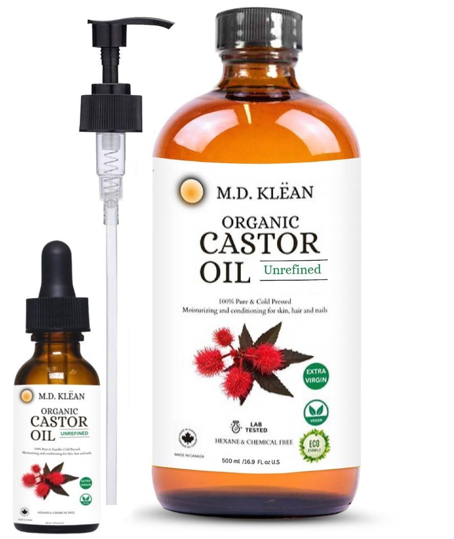 M.D. KLEAN Castor Oil - Cold Pressed, Unrefined (560 ml) Amber Glass Bottles | BPA Free Pump inc | Hexane Free| Lab Tested, Skin Moisturizer, Enhance Collagen | Holiday Gift 🍁 All In One Marketplace Canada