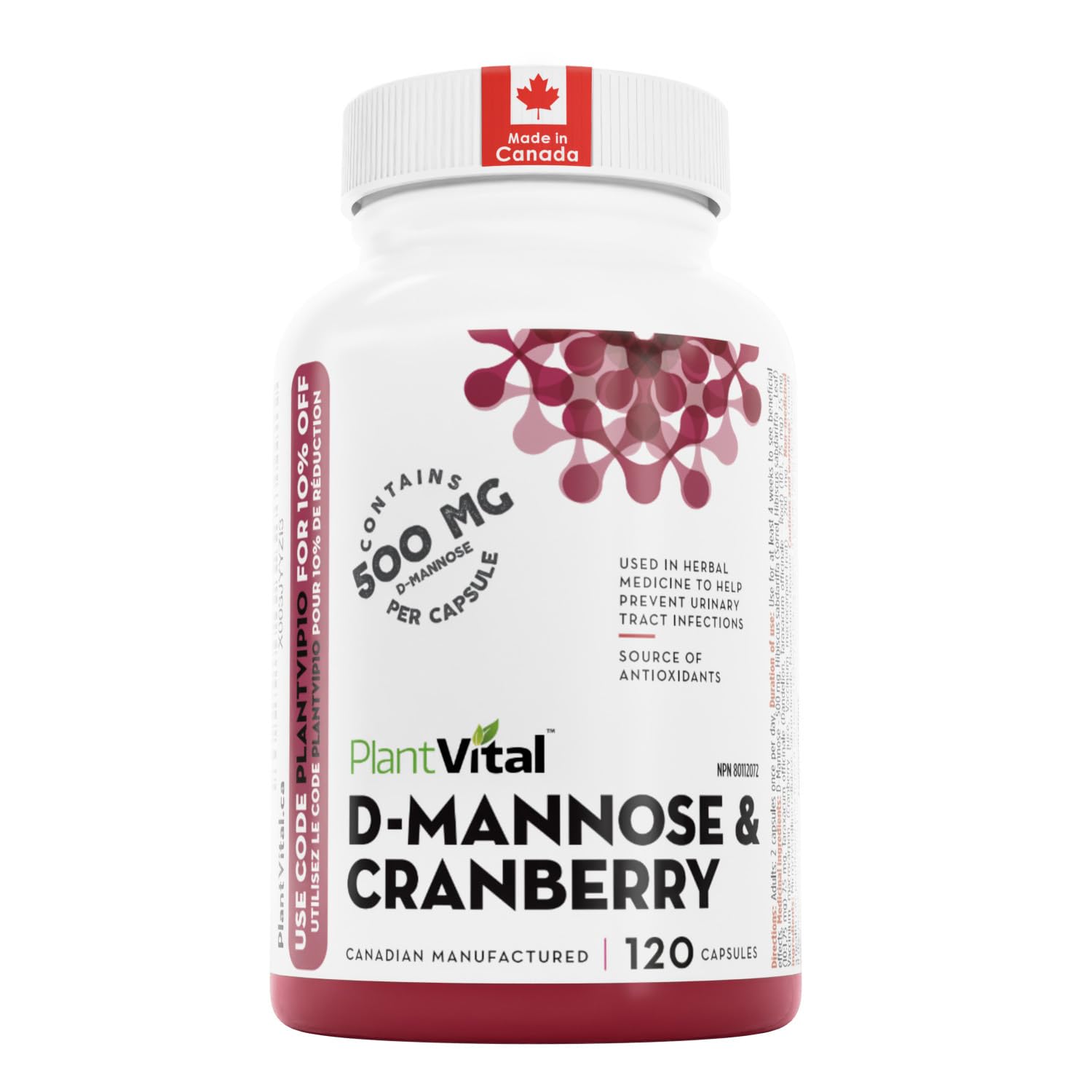 PlantVital D-Mannose Capsules - Made in Canada - 1000mg Daily Dose (2 Capsules) - Cranberry Pills for UTI Support & Bladder Health – DMannose and Cranberry Supplement - 120 Count, 2-Month Supply - Available at All In One Marketplace Canada