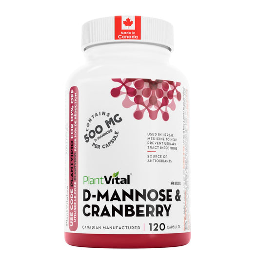 PlantVital D-Mannose Capsules - Made in Canada - 1000mg Daily Dose (2 Capsules) - Cranberry Pills for UTI Support & Bladder Health – DMannose and Cranberry Supplement - 120 Count, 2-Month Supply - Available at All In One Marketplace Canada