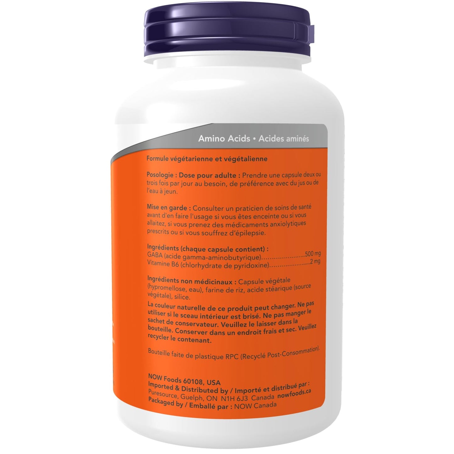 NOW Supplements, GABA (Gamma-Aminobutyric Acid) 500 mg + B-6, Natural Neurotransmitter, 200 Veg Capsules - Available at All In One Marketplace Canada