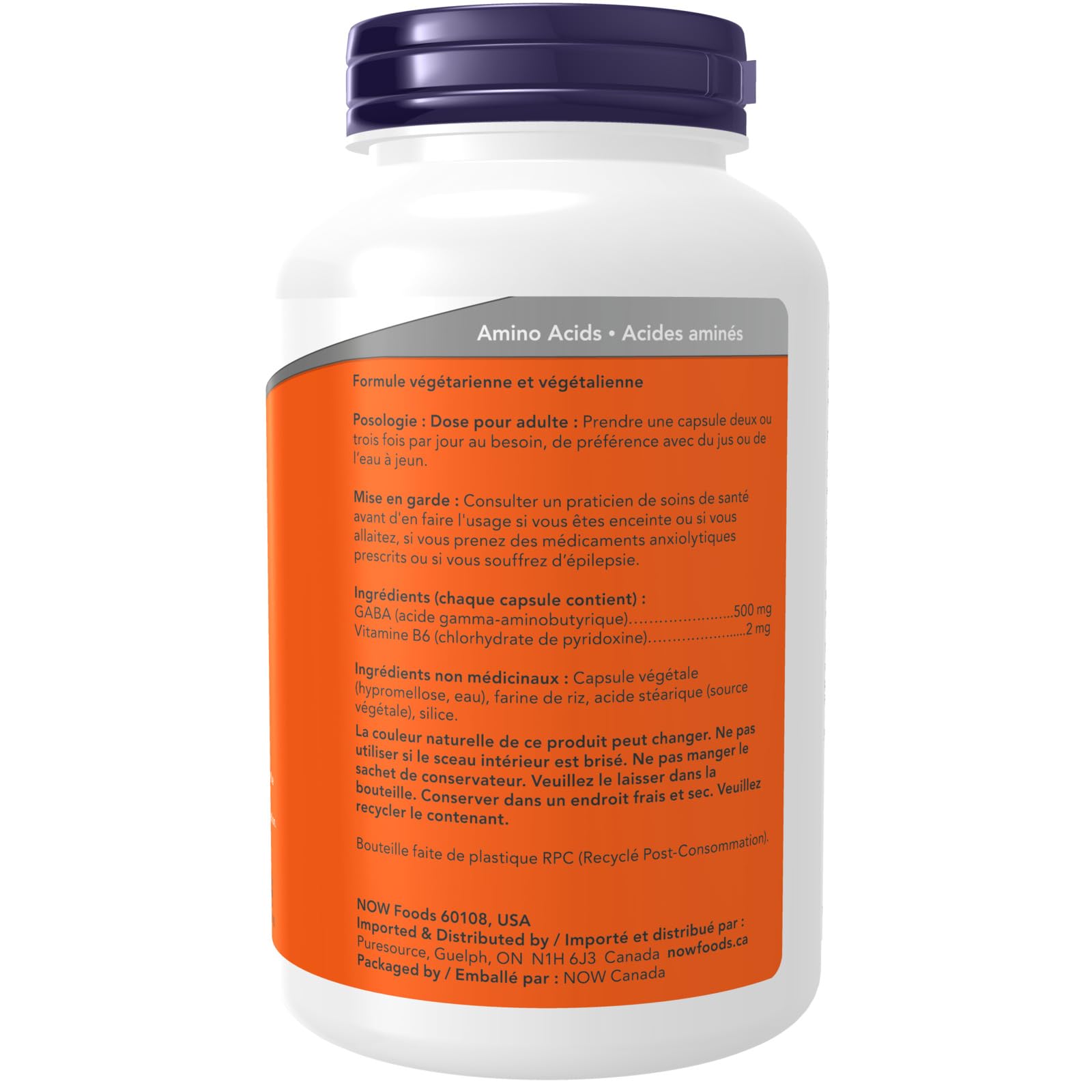 NOW Supplements, GABA (Gamma-Aminobutyric Acid) 500 mg + B-6, Natural Neurotransmitter, 200 Veg Capsules - Available at All In One Marketplace Canada