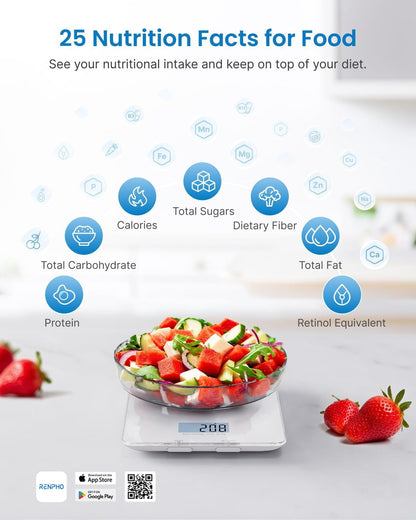 RENPHO Smart Food Nutrition Kitchen Scale, Food Scale for Food Ounces and Grams, Coffee Scale with Timer, Nutritional Calculator for Keto, Macro, and Calorie with Smartphone App, White - Available at All In One Marketplace Canada